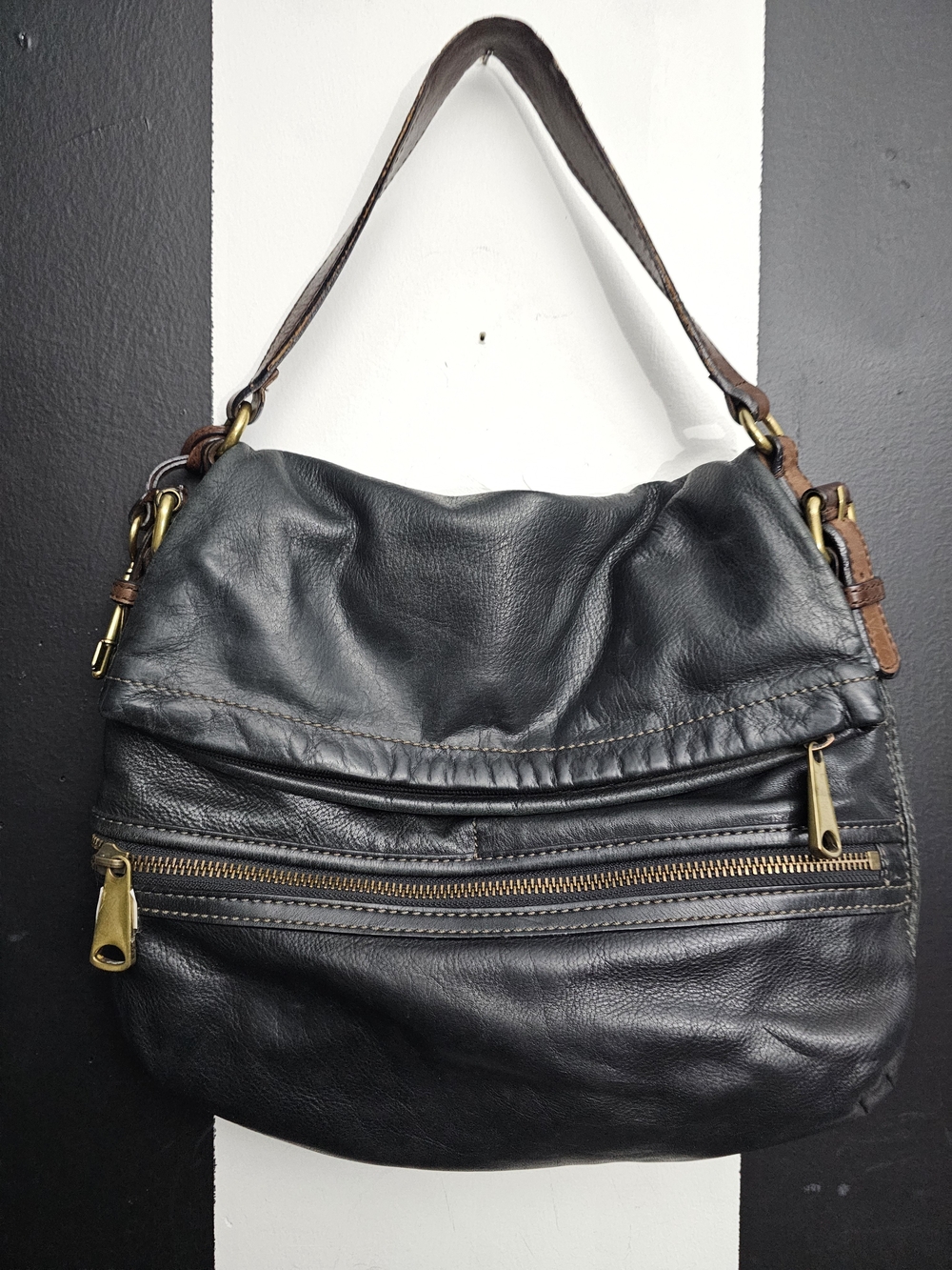 Fossil Black Leather Hobo with Brass Hardware
